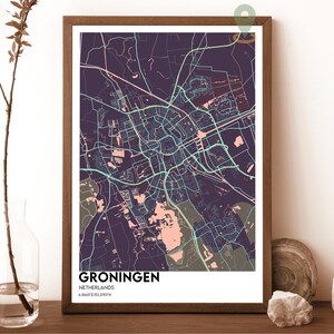 Carte de Groningue, impression de carte de Groningue, carte personnalisée de Groningue, oeuvre d'art murale de Groningue, affiche de voyage de Groningue, Groningue, Pays-Bas