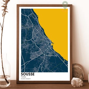 Carte de Sousse, impression de carte de Sousse, carte personnalisée de Sousse, ville de Sousse, affiche de voyage de Sousse, affiche de Sousse, carte de Sousse Tunisie, Tunis. Carte de Sfat