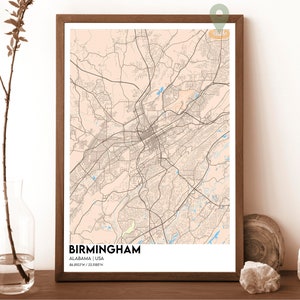 Carte de Birmingham, impression de carte de Birmingham, carte personnalisée de Birmingham, art mural de Birmingham, affiche de voyage de Birmingham, affiche de l'état de l'Alabama