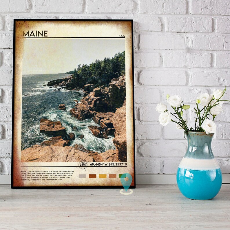 Maine Print Vintage Poster Maine Wall Art Maine Poster Etsy