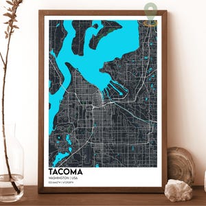 Tacoma kaart, Tacoma kaart afdrukken, Tacoma aangepaste kaart, Tacoma stadskaart, Tacoma reisposter, Tacoma poster, Tacoma Washington kaart