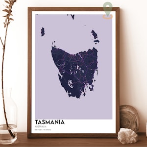Tasmanië kaartposter, Tasmanië kaartafdruk, Tasmanië gepersonaliseerde kaartkunst, Tasmanië kunst aan de muur, Tasmanië reisafdruk, Australië