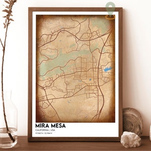 Carte Mira Mesa, impression de carte Mira Mesa, carte personnalisée Mira Mesa, art mural Mira Mesa, affiche de voyage Mira Mesa, carte de San Diego, art californien