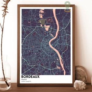 Plan de la ville de Bordeaux, impression carte de Bordeaux, carte personnalisée de Bordeaux, art mural Bordeaux, affiche de voyage Bordeaux, affiche Bordeaux France