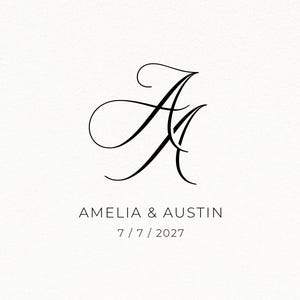 May include: Elegant black calligraphy design featuring intertwined initials "A" on a textured white background. Below, the names "Amelia & Austin" and the date "7/7/2027" are displayed in a simple, clean font. Ideal for wedding invitations or announcements.