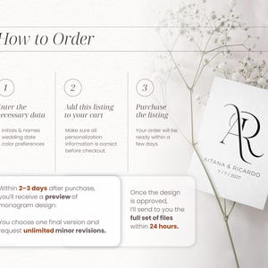 May include: A white informational card with the heading How to Order, featuring three numbered steps for entering data, adding to cart, and purchasing. It includes text about receiving a preview of a monogram design with initials AR, names Aitana & Ricardo, and the date 7/7/2027, alongside a sprig of baby's breath.