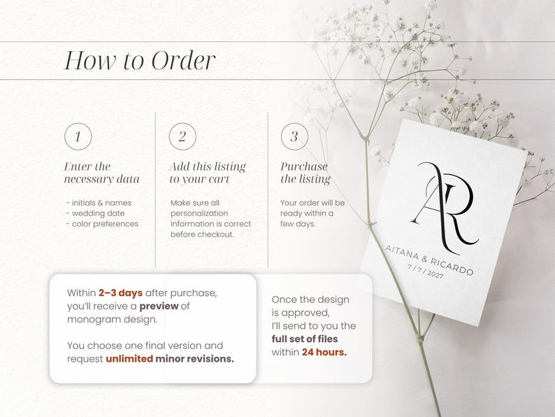 May include: A white informational card with the heading How to Order, featuring three numbered steps for entering data, adding to cart, and purchasing. It includes text about receiving a preview of a monogram design with initials AR, names Aitana & Ricardo, and the date 7/7/2027, alongside a sprig of baby's breath.