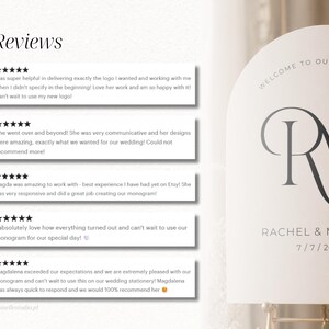 May include: A white arched wedding welcome sign featuring the black text WELCOME TO OUR WEDDING, the initials RM, the names RACHEL & MARCUS, and the date 7/7/2027. To the left, five customer reviews are displayed with five-star ratings and text.