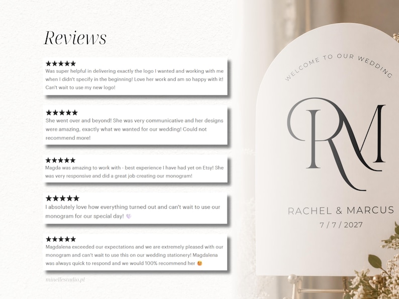 May include: A white arched wedding welcome sign featuring the black text WELCOME TO OUR WEDDING, the initials RM, the names RACHEL & MARCUS, and the date 7/7/2027. To the left, five customer reviews are displayed with five-star ratings and text.