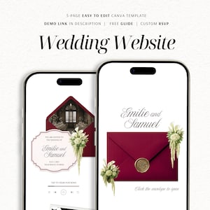 May include: A 5-page Canva wedding website template displayed on two smartphones. The screens show a burgundy envelope with a wax seal, floral arrangements, and the text Emilie and Samuel, Wedding Website, and Click the envelope to open.