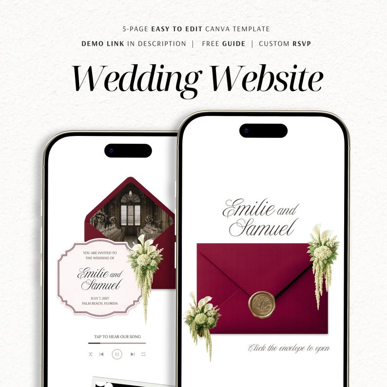 May include: A 5-page Canva wedding website template displayed on two smartphones. The screens show a burgundy envelope with a wax seal, floral arrangements, and the text Emilie and Samuel, Wedding Website, and Click the envelope to open.