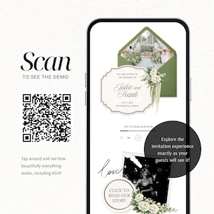 May include: A smartphone screen displaying a digital wedding invitation demo. The interface features a QR code, the text Scan to see the demo, an olive green envelope graphic, a floral invitation card for Julia and Frank, and a photo section with the text Click to read our story.