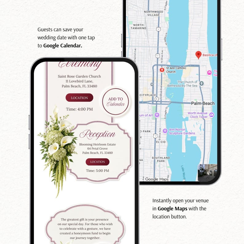 May include: Two smartphones displaying a digital wedding invitation interface. One screen shows ceremony and reception details with floral graphics and an Add to Calendar button. The other screen displays a Google Maps view of Palm Beach.