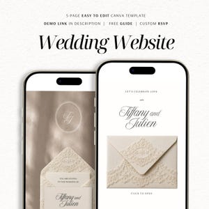 May include: A 5-page Canva wedding website template displayed on two smartphones. The screens show a beige background with a lace-patterned envelope graphic, the text Wedding Website, Tiffany and Julien, and Let's Celebrate Love.