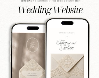 May include: A 5-page Canva wedding website template displayed on two smartphones. The screens show a beige background with a lace-patterned envelope graphic, the text Wedding Website, Tiffany and Julien, and Let's Celebrate Love.