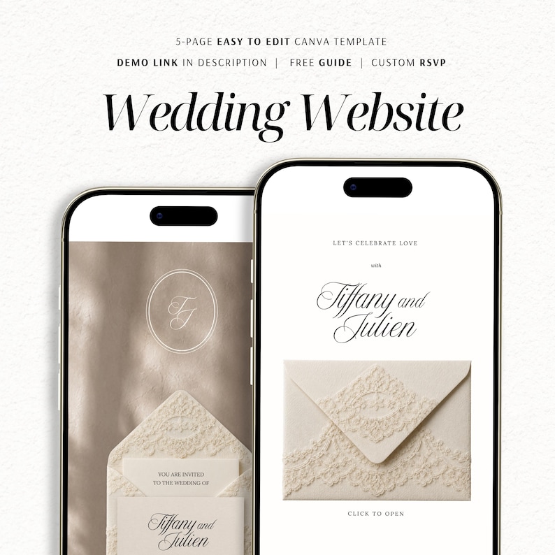 Peut inclure: Un mod&egrave;le de site web de mariage Canva de 5 pages affich&eacute; sur deux smartphones. Les &eacute;crans pr&eacute;sentent un fond beige avec un graphique d'enveloppe &agrave; motif dentelle, le texte Wedding Website, Tiffany and Julien, et Let's Celebrate Love.
