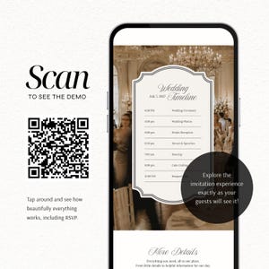 May include: A smartphone screen displaying a digital wedding timeline invitation with a QR code to the left labeled Scan to see the demo. The screen shows a formal event schedule for July 7, 2027, including ceremony, reception, and dancing times.