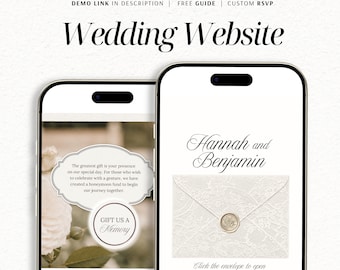 May include: Two smartphones displaying a 5-page wedding website Canva template. The screens show text including Wedding Website, Hannah and Benjamin, and Gift Us A Memory, alongside images of a white lace envelope with a wax seal and white roses.