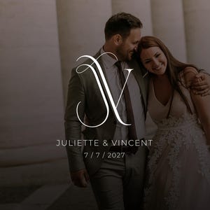 May include: A couple in formal attire with a white monogram logo featuring the letters JV, the text JULIETTE & VINCENT, and the date 7 / 7 / 2027. The person on the left wears a grey suit and tie, while the person on the right wears a white dress.