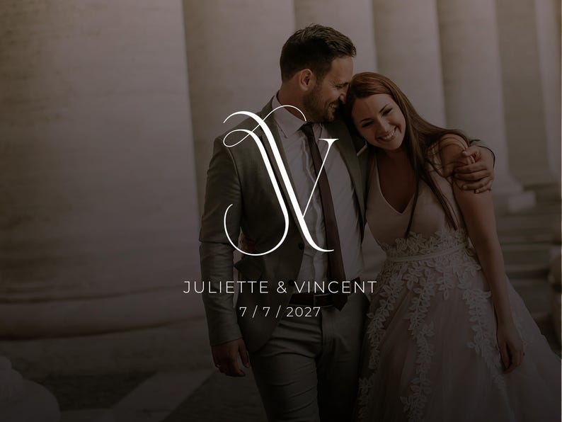 May include: A couple in formal attire with a white monogram logo featuring the letters JV, the text JULIETTE & VINCENT, and the date 7 / 7 / 2027. The person on the left wears a grey suit and tie, while the person on the right wears a white dress.