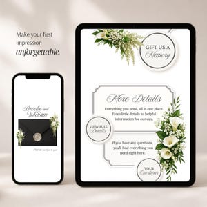 Puede incluir: Un tel&eacute;fono inteligente y una tableta muestran un conjunto de invitaciones de boda digitales. Las pantallas tienen fondos blancos, tipograf&iacute;a serif elegante y arreglos florales de calas blancas y paniculata. El texto incluye "Make your first impression unforgettable," "Brooke and William," "GIFT US A MEMORY," "More Details," "VIEW FULL DETAILS," y "YOUR QUESTIONS."
