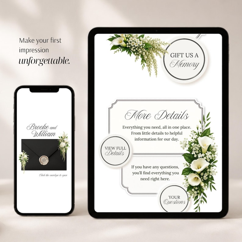 Puede incluir: Un tel&eacute;fono inteligente y una tableta muestran un conjunto de invitaciones de boda digitales. Las pantallas tienen fondos blancos, tipograf&iacute;a serif elegante y arreglos florales de calas blancas y paniculata. El texto incluye "Make your first impression unforgettable," "Brooke and William," "GIFT US A MEMORY," "More Details," "VIEW FULL DETAILS," y "YOUR QUESTIONS."