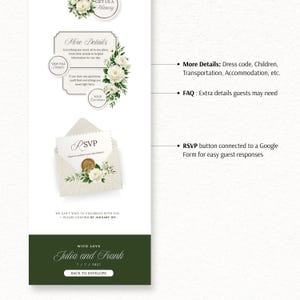 May include: A digital wedding invitation template featuring white floral accents, a More Details section, an RSVP envelope with a gold wax seal, and a dark green footer with the text Julia and Frank, 7/7/2027, and a Back to Envelope button.