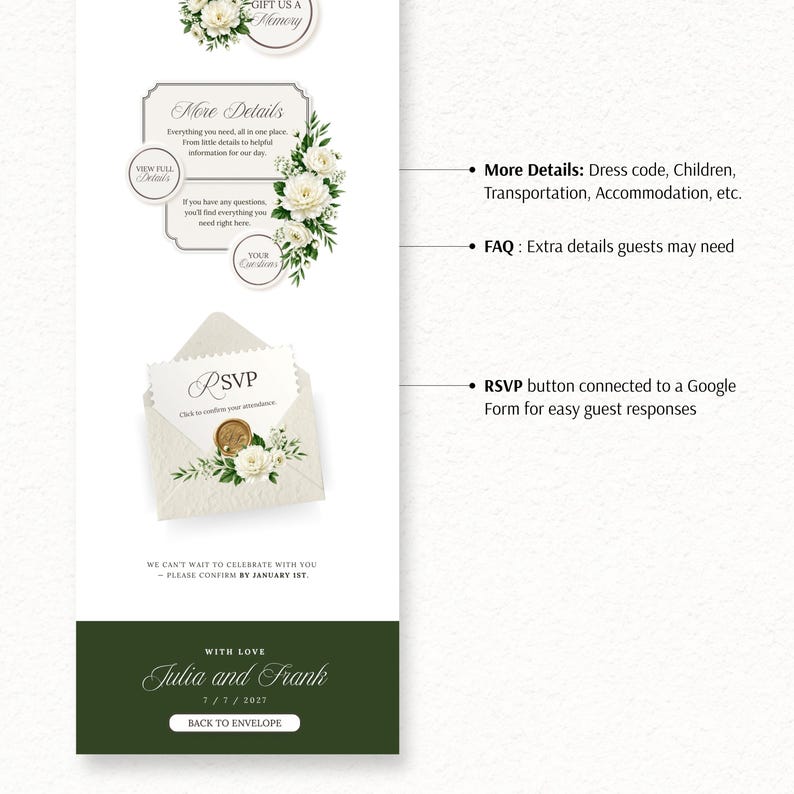 May include: A digital wedding invitation template featuring white floral accents, a More Details section, an RSVP envelope with a gold wax seal, and a dark green footer with the text Julia and Frank, 7/7/2027, and a Back to Envelope button.