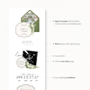 May include: A digital wedding invitation template featuring an olive green envelope, a white invitation card with the text Julia and Frank, a music player interface, a black and white couple photo, a Love Story link, and a live wedding countdown timer.
