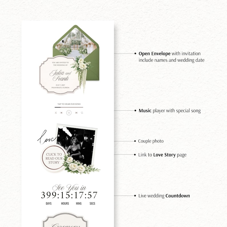May include: A digital wedding invitation template featuring an olive green envelope, a white invitation card with the text Julia and Frank, a music player interface, a black and white couple photo, a Love Story link, and a live wedding countdown timer.