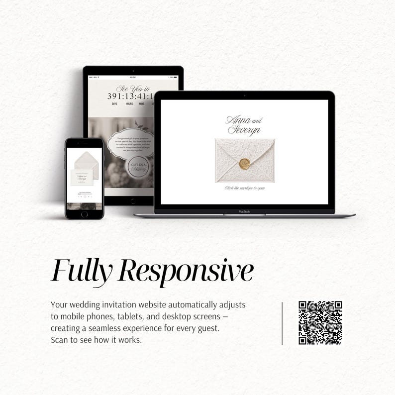 May include: A laptop, tablet, and smartphone displaying a wedding invitation website with the text Anna and Severyn and an envelope graphic. Below, the text Fully Responsive, a description of website adaptability, and a QR code are visible.