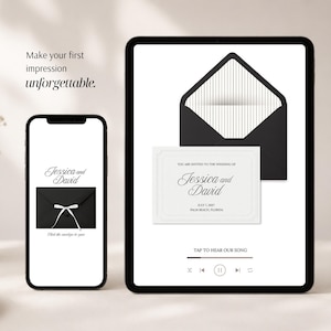 May include: A smartphone and a tablet displaying a digital wedding invitation suite. The phone shows a black envelope with a white ribbon. The tablet displays a white invitation card, a black envelope with striped lining, and a music player interface.