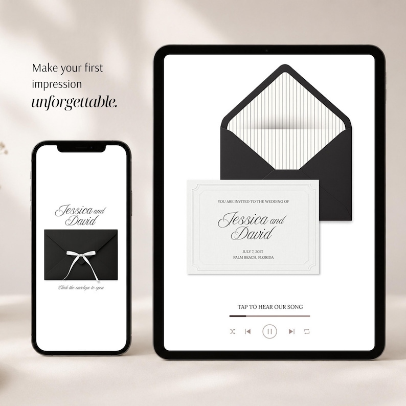 May include: A smartphone and a tablet displaying a digital wedding invitation suite. The phone shows a black envelope with a white ribbon. The tablet displays a white invitation card, a black envelope with striped lining, and a music player interface.