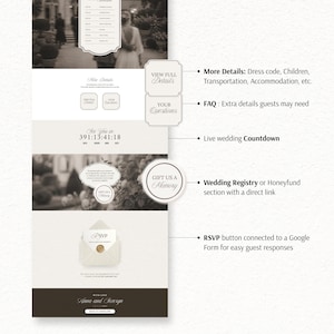 May include: A digital wedding invitation template featuring a black and white photograph, a countdown timer, buttons labeled View Full Details, Your Questions, Gift Us A Memory, and an RSVP envelope icon with a wax seal, ending with names Anna and Severyn.