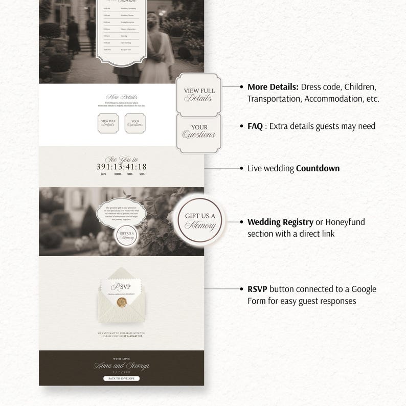 May include: A digital wedding invitation template featuring a black and white photograph, a countdown timer, buttons labeled View Full Details, Your Questions, Gift Us A Memory, and an RSVP envelope icon with a wax seal, ending with names Anna and Severyn.