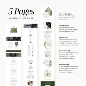 May include: A digital wedding website template featuring 5 pages with white backgrounds, dark green accents, and floral illustrations. The layout includes an envelope opening page, a couple story page, a questions page, a main invitation page, and a more details page with text, countdown timers, and interactive buttons.