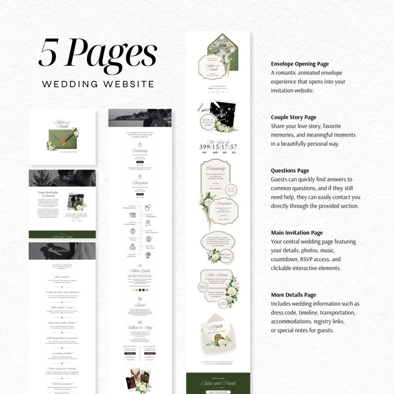 May include: A digital wedding website template featuring 5 pages with white backgrounds, dark green accents, and floral illustrations. The layout includes an envelope opening page, a couple story page, a questions page, a main invitation page, and a more details page with text, countdown timers, and interactive buttons.