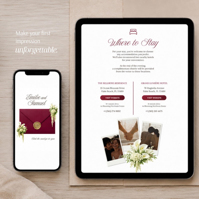 May include: A smartphone and a tablet displaying a digital wedding invitation suite. The phone shows a burgundy envelope with a gold wax seal and the names Emilie and Samuel. The tablet displays accommodation details, hotel addresses, and two photos.