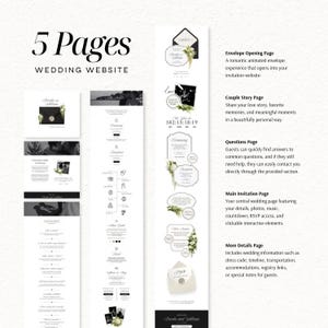 Puede incluir: Una plantilla digital para un sitio web de bodas de 5 p&aacute;ginas con un esquema de color en blanco y negro. El dise&ntilde;o incluye secciones para la apertura de sobres, la historia de la pareja, preguntas, invitaci&oacute;n principal y detalles.