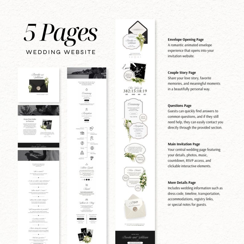 Puede incluir: Una plantilla digital para un sitio web de bodas de 5 p&aacute;ginas con un esquema de color en blanco y negro. El dise&ntilde;o incluye secciones para la apertura de sobres, la historia de la pareja, preguntas, invitaci&oacute;n principal y detalles.