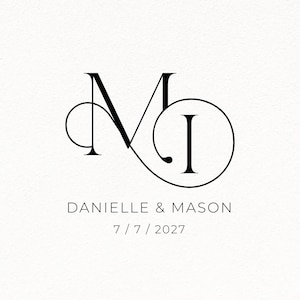 May include: A black and white graphic design featuring the intertwined serif letters M and I. Below the monogram, the text reads DANIELLE & MASON in a clean sans-serif font, followed by the date 7 / 7 / 2027 centered on a plain white background.