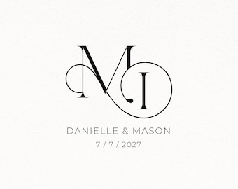 May include: A black and white graphic design featuring the intertwined serif letters M and I. Below the monogram, the text reads DANIELLE & MASON in a clean sans-serif font, followed by the date 7 / 7 / 2027 centred on a plain white background.