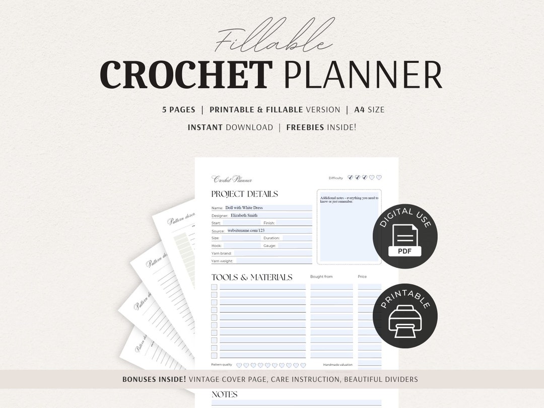 Crochet Planner Knitting Journal Sheet PDF Printable and Editable ...