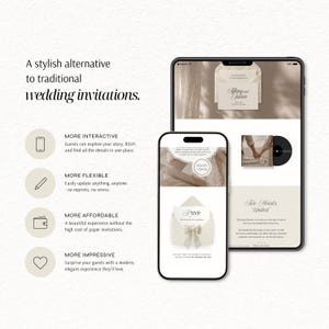 Peut inclure: Un affichage d'invitation de mariage num&eacute;rique sur une tablette et un smartphone. Les &eacute;crans pr&eacute;sentent des mod&egrave;les &eacute;l&eacute;gants avec du texte incluant 'Tiffany and Julien', 'Two Hearts United' et 'RSVP'. Des ic&ocirc;nes sont list&eacute;es avec du texte.