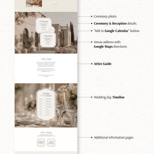 Peut inclure: Un mod&egrave;le d'invitation de mariage num&eacute;rique pr&eacute;sentant une photo de c&eacute;r&eacute;monie, les d&eacute;tails de la c&eacute;r&eacute;monie et de la r&eacute;ception, un bouton Ajouter &agrave; Google Agenda, l'adresse du lieu avec Google Maps, un guide vestimentaire, un planning et des pages d'informations.