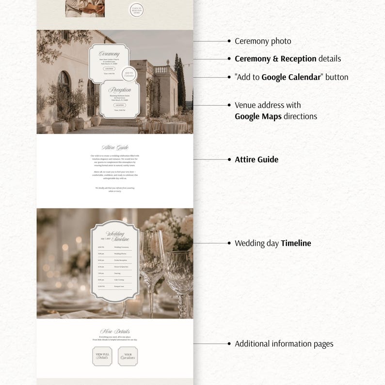 Peut inclure: Un mod&egrave;le d'invitation de mariage num&eacute;rique pr&eacute;sentant une photo de c&eacute;r&eacute;monie, les d&eacute;tails de la c&eacute;r&eacute;monie et de la r&eacute;ception, un bouton Ajouter &agrave; Google Agenda, l'adresse du lieu avec Google Maps, un guide vestimentaire, un planning et des pages d'informations.