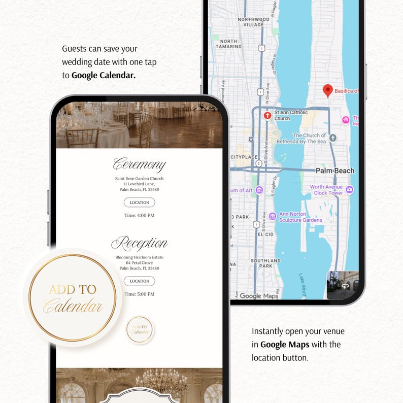 May include: Two smartphones displaying a digital wedding invitation interface. One screen shows ceremony and reception details with an Add to Calendar button. The other screen displays a Google Maps view of Palm Beach with venue markers.