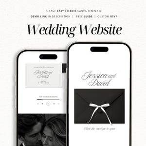 May include: Two smartphones displaying a 5-page wedding website Canva template. The screens show the text Wedding Website, Jessica and David, and a black envelope graphic with a white ribbon. The interface includes music player controls.