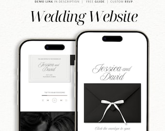May include: Two smartphones displaying a 5-page wedding website Canva template. The screens show the text Wedding Website, Jessica and David, and a black envelope graphic with a white ribbon. The interface includes music player controls.