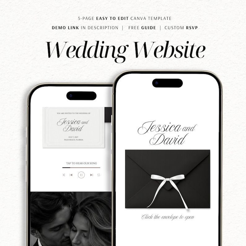 May include: Two smartphones displaying a 5-page wedding website Canva template. The screens show the text Wedding Website, Jessica and David, and a black envelope graphic with a white ribbon. The interface includes music player controls.